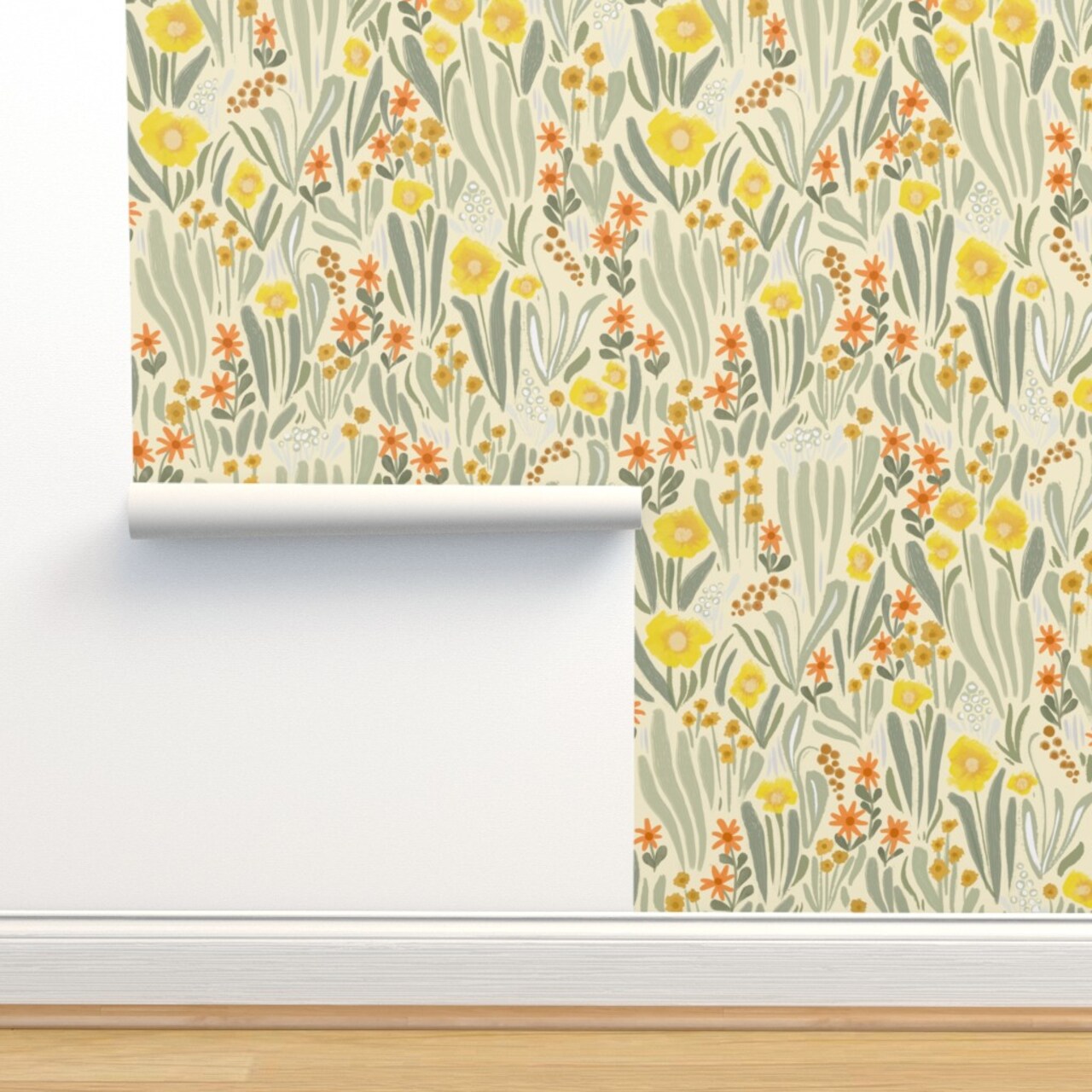 Art Nouveau Garden Sage Green Yellow Abstract Flowers Large Scale Botanical Garden Custom Removable Wallpaper by Spoonflower Peel & Stick Wallpaper 2FT Wide